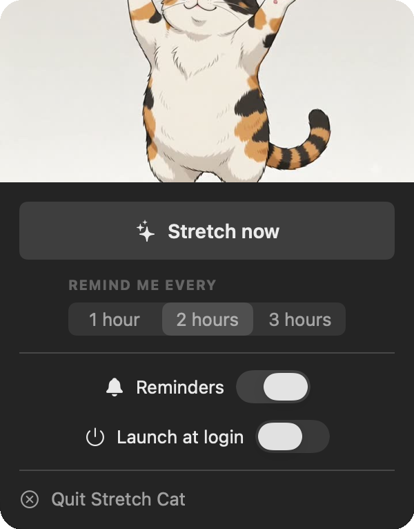 Stretch Cat menu-bar dropdown with Stretch now, interval picker, and toggles